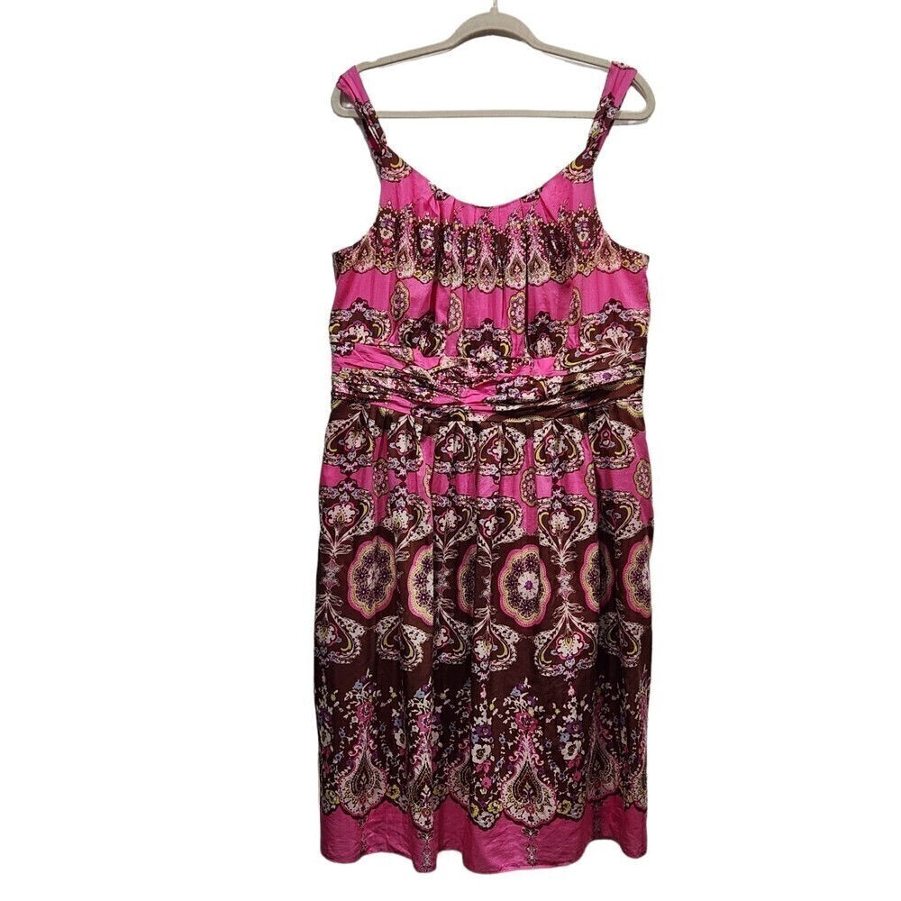 ELIZA J Silk Blend Pink & Brown Floral Print Sleeveless Midi Dress, 16